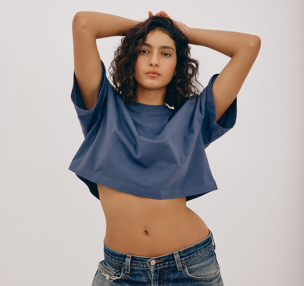 organic basics True Boxy Crop Tee Stone Blue