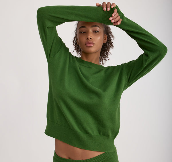 organic basics Soft Knit Boxy Crewneck Sweater Evergreen