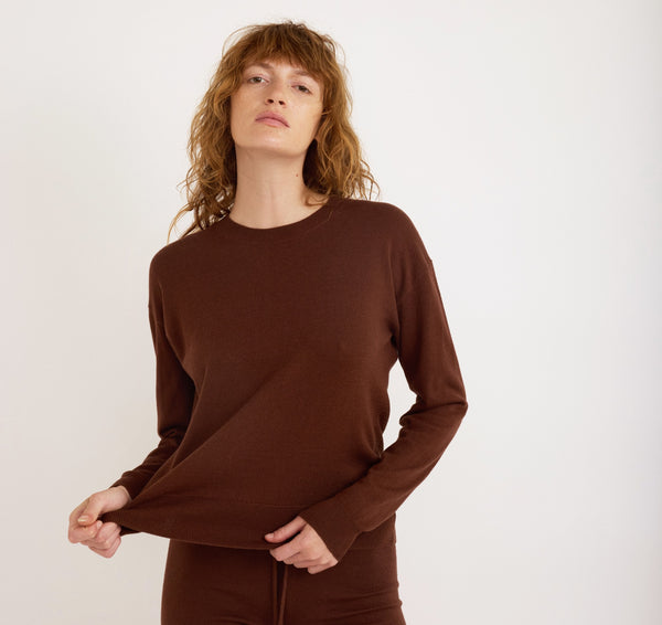 Organic Basics Soft Knit Boxy Crewneck Sweater Rich Brown