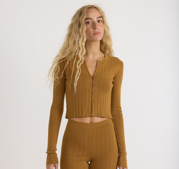 organic basics Soft Knit Rib Crop Cardigan Golden Clay