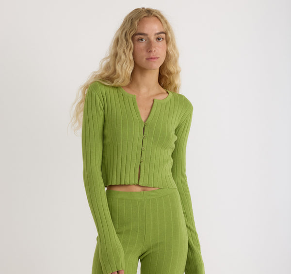 Organic Basics Soft Knit Rib Crop Cardigan Matcha Green