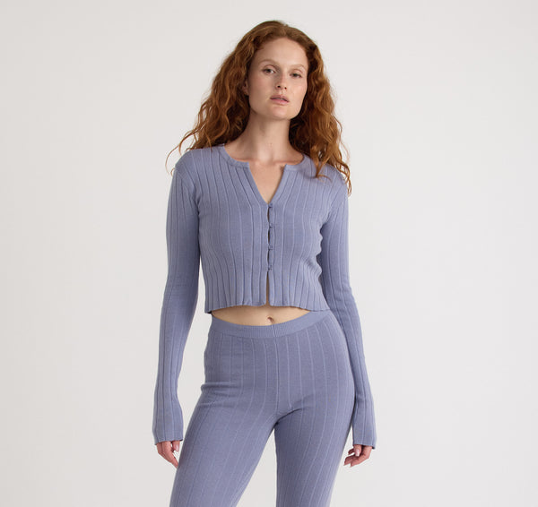 Organic Basics Soft Knit Rib Crop Cardigan Silver Mist