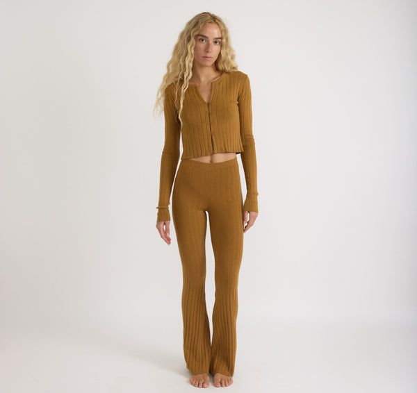 Organic Basics Soft Knit Rib High-Rise Flare Pants Golden Clay