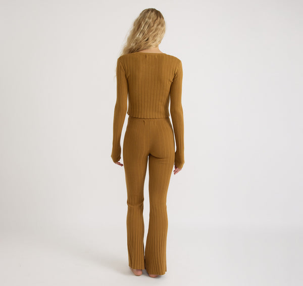 Organic Basics Soft Knit Rib High-Rise Flare Pants Golden Clay