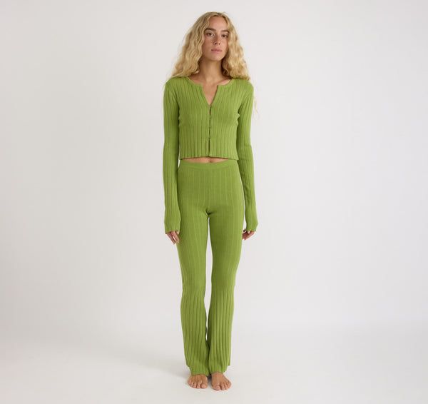 Organic Basics Soft Knit Rib High-Rise Flare Pants Matcha Green