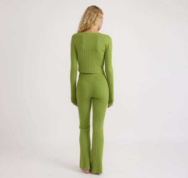 Organic Basics Soft Knit Rib High-Rise Flare Pants Matcha Green