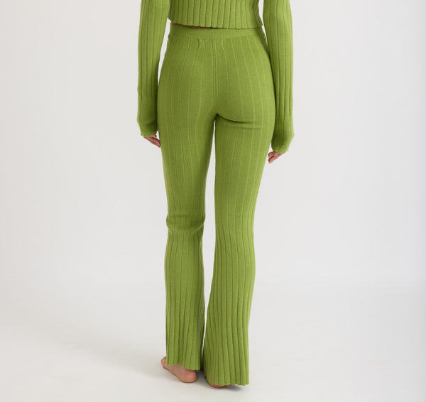 Organic Basics Soft Knit Rib High-Rise Flare Pants Matcha Green