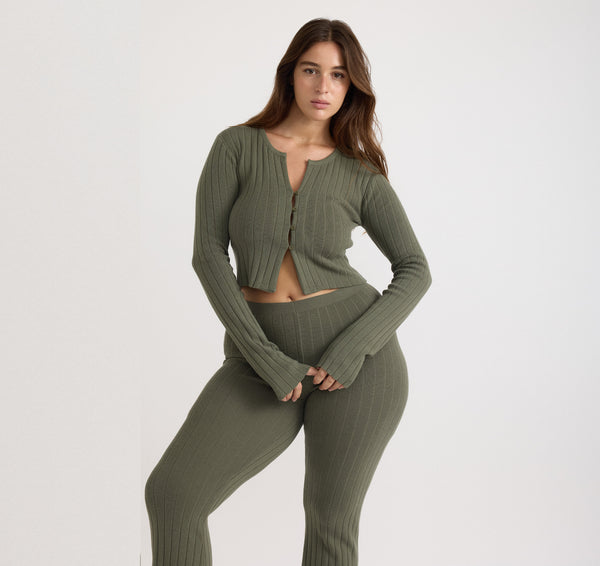 Organic Basics Soft Knit Rib High-Rise Flare Pants Thyme