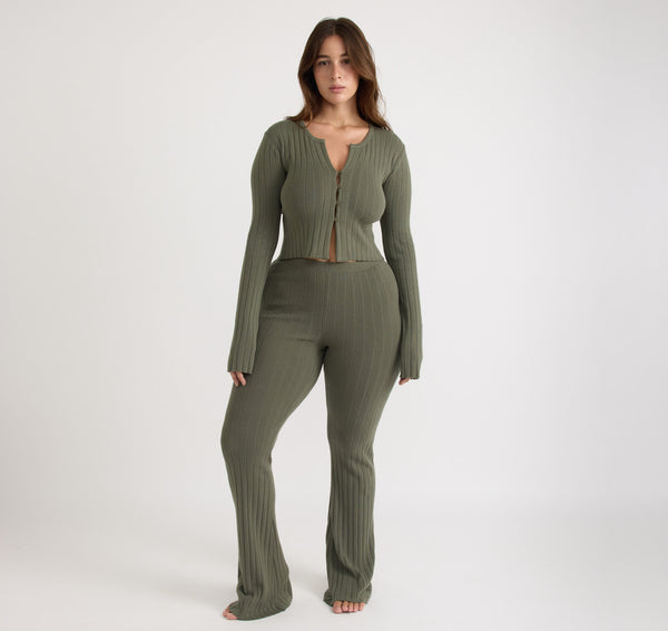 organic basics Soft Knit Rib High-Rise Flare Pants Thyme