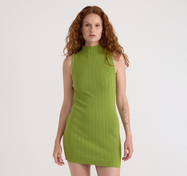 organic basics Soft Knit Rib Mock Neck Dress Matcha Green