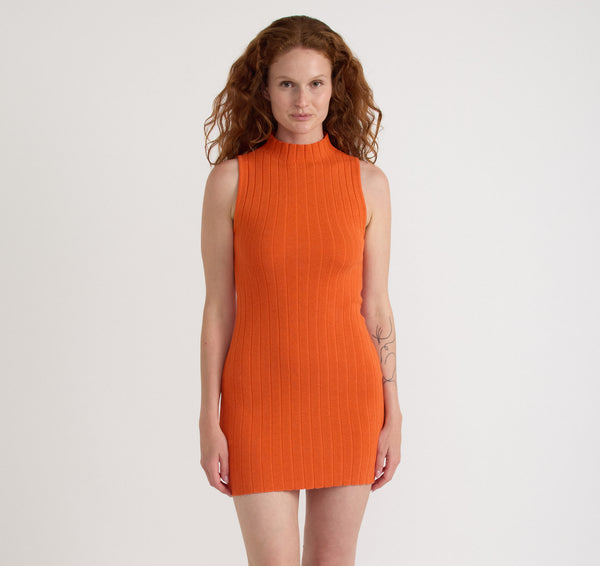 Organic Basics Soft Knit Rib Mock Neck Dress Tangerine