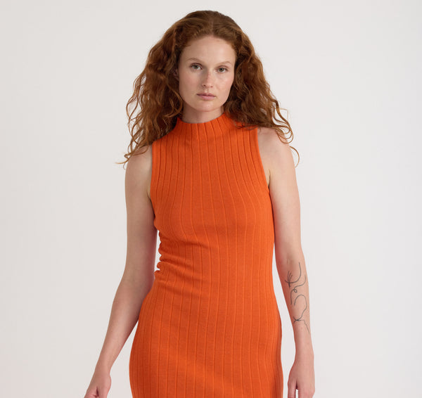 Organic Basics Soft Knit Rib Mock Neck Dress Tangerine