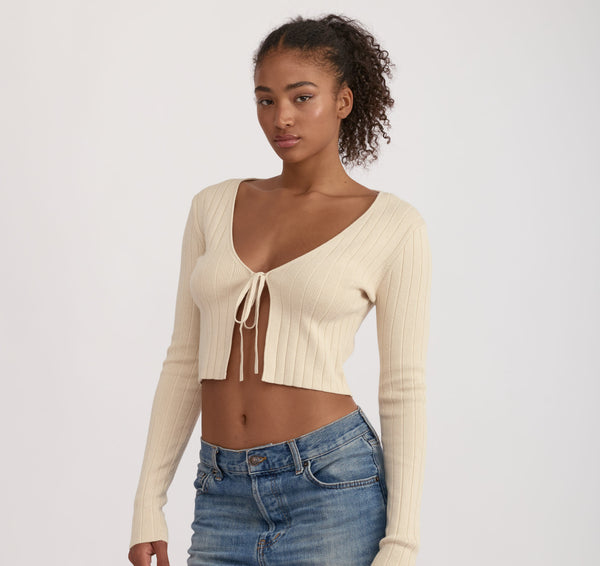 Organic Basics Soft Knit Rib Tie Cardigan Sandstone