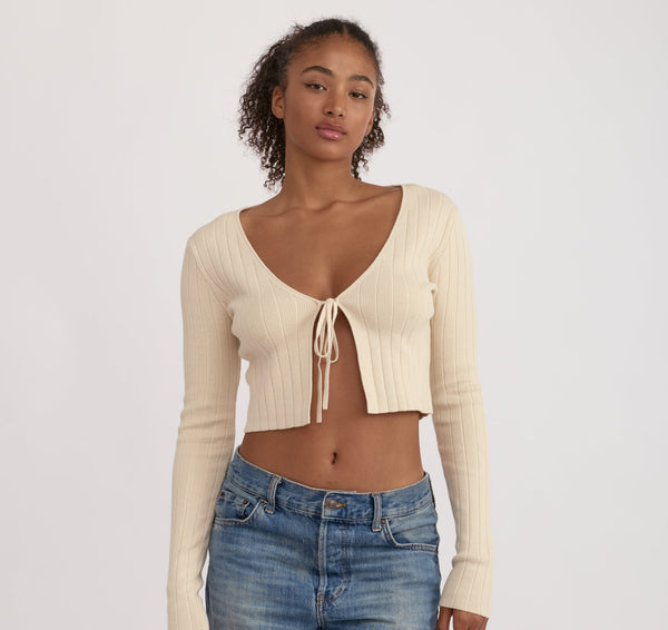 organic basics Soft Knit Rib Tie Cardigan Sandstone