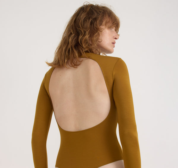organic basics Soft Touch Veil Open Back Bodysuit Golden Clay