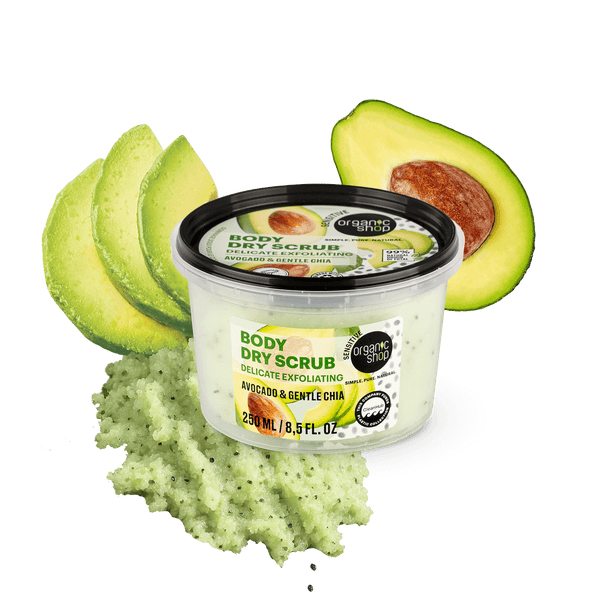organic shop Body Dry Scrub Delicate Exfoliating Avocado & Gentle Chia