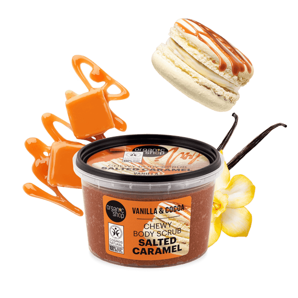 organic shop Salted Caramel Chewy Body Scrub. Vanilla & Cocoa