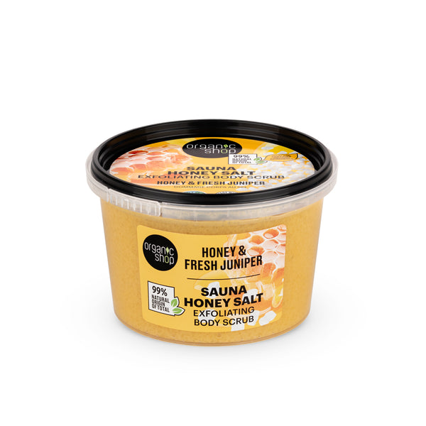 Organic Shop Sauna Honey Salt. Exfoliating Body Scrub. Honey & Fresh Juniper