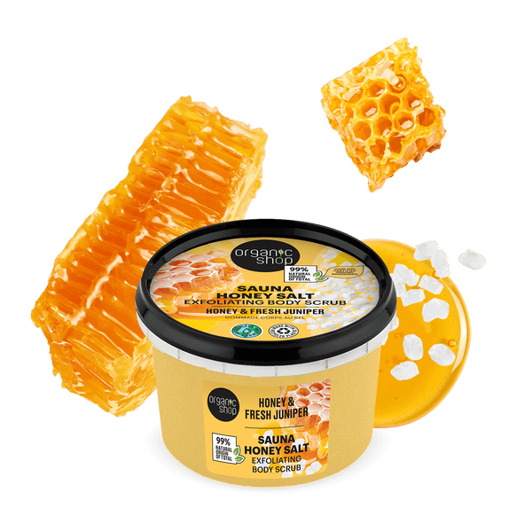 organic shop Sauna Honey Salt. Exfoliating Body Scrub. Honey & Fresh Juniper