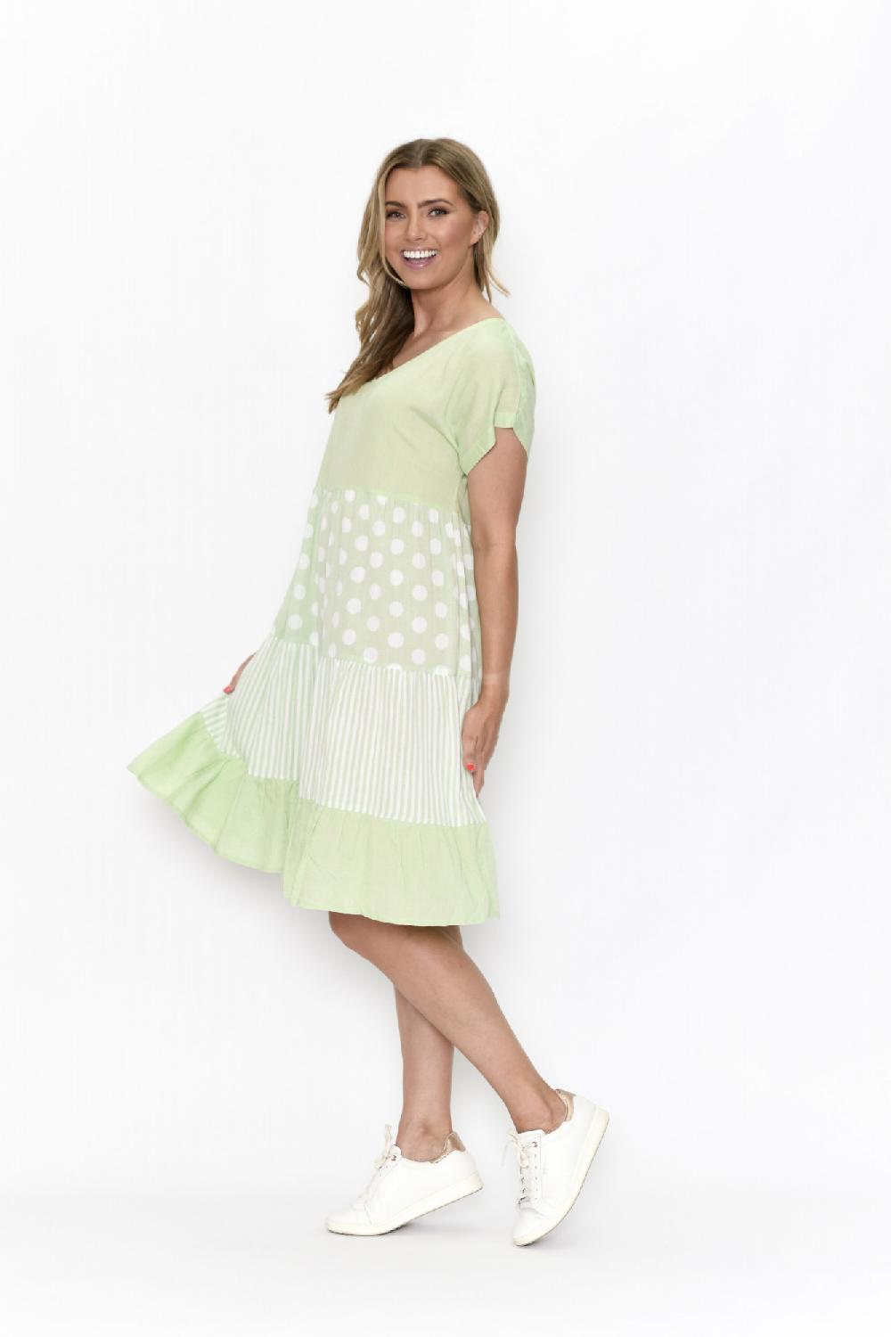 Oriëntique Nadia V Neck Dress Linen Print Mix