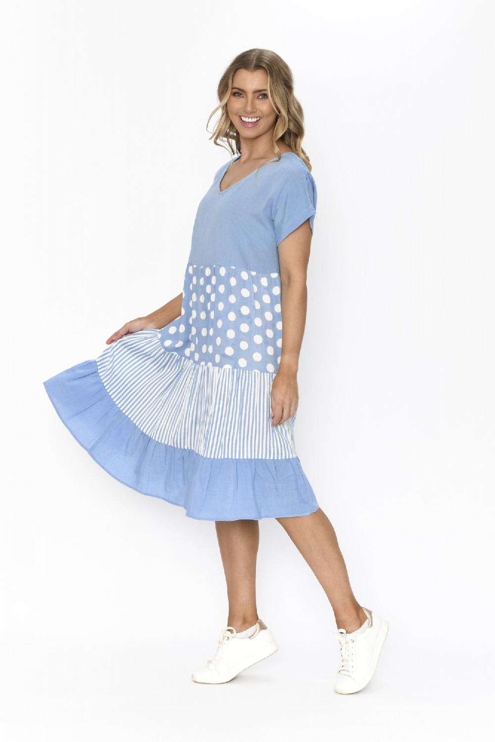 Oriëntique Nadia V Neck Dress Linen Print Mix