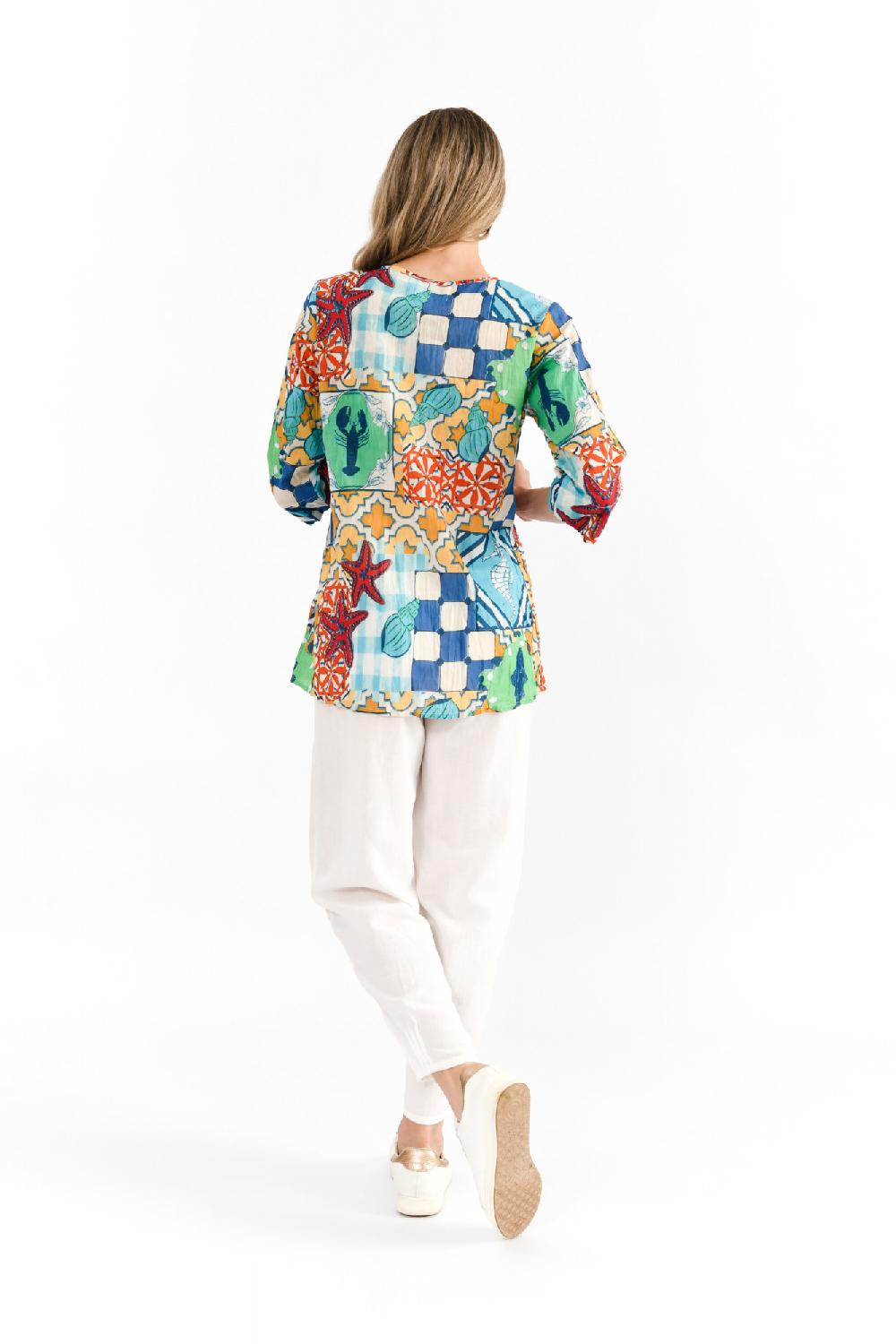 Oriëntique Tina V Neck Pleated Top 3/4 Sleeve