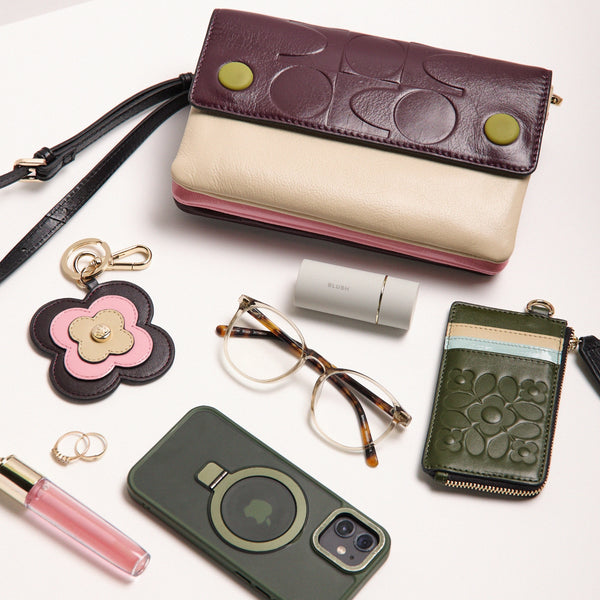 Orla Kiely Flap Folio Leather Crossbody Bag - OK Colourblock Burgundy