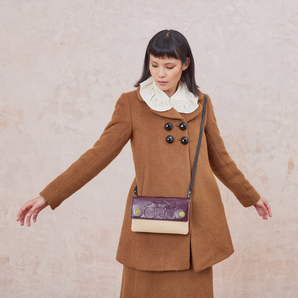 Orla Kiely Flap Folio Leather Crossbody Bag - OK Colourblock Burgundy