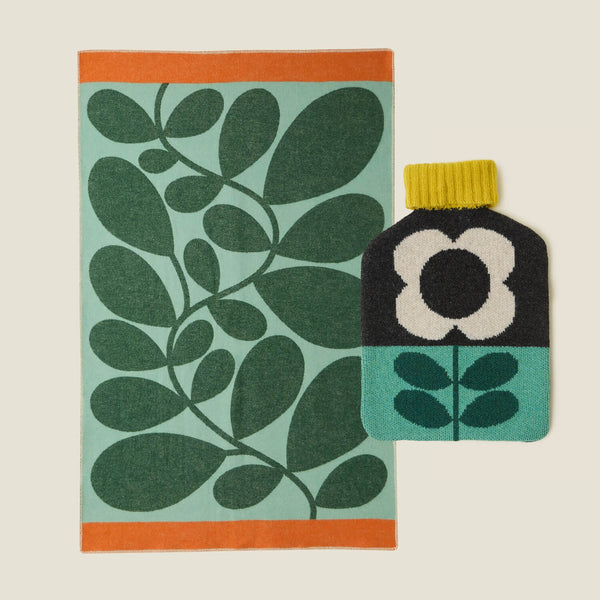 orla kiely Hot Water Bottle Cover & Wool Blanket Bundle - Duck Egg