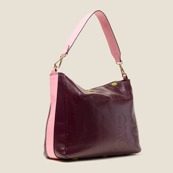 Orla Kiely Large Softie Leather Shoulder Bag - OK Colourblock Burgundy