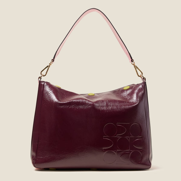 Orla Kiely Large Softie Leather Shoulder Bag - OK Colourblock Burgundy
