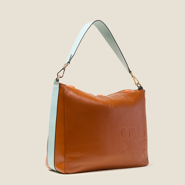Orla Kiely Large Softie Leather Shoulder Bag - OK Colourblock Sienna