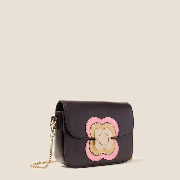 Orla Kiely Mini Eclipse Leather Crossbody Bag - Flower Applique Burgundy