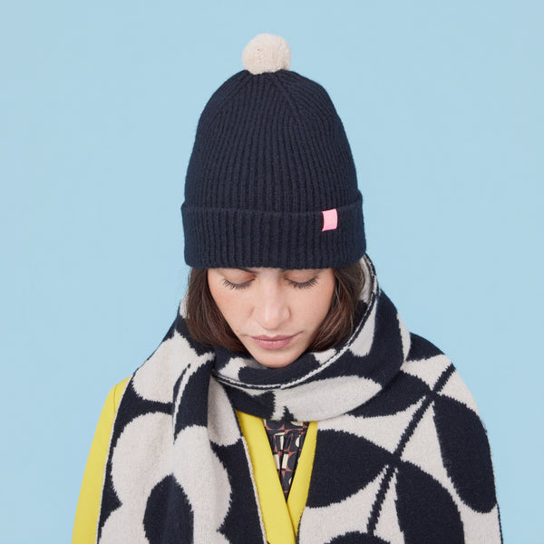 Orla Kiely Contrast Pom Wool Beanie - Cream Black