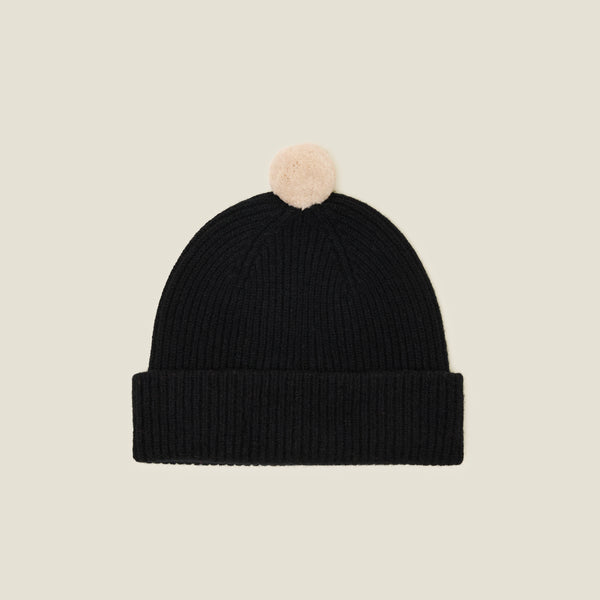 Orla Kiely Contrast Pom Wool Beanie - Cream Black
