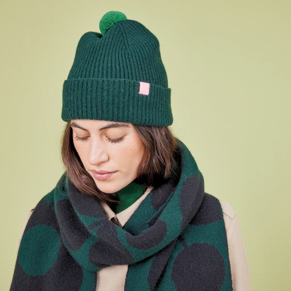 Orla Kiely Contrast Pom Wool Beanie - Forest Black