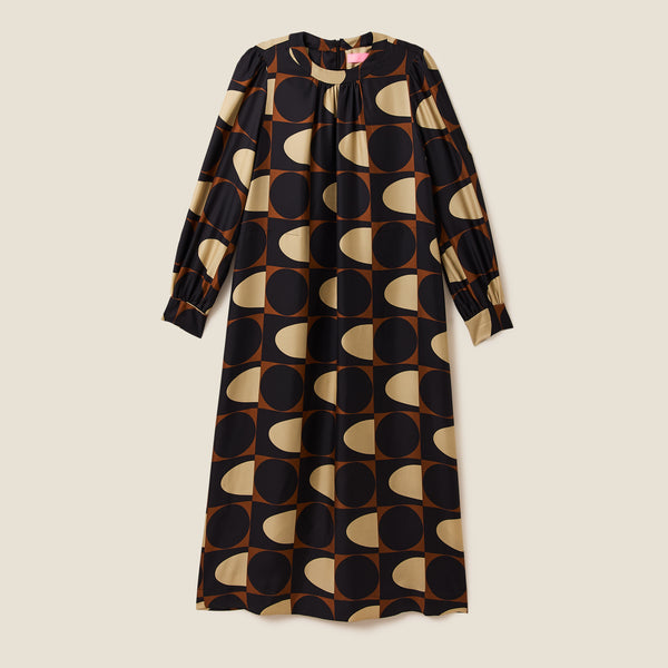 Orla Kiely Orla Long Sleeve Midi Silk Dress - Giant Spot Square Mocha