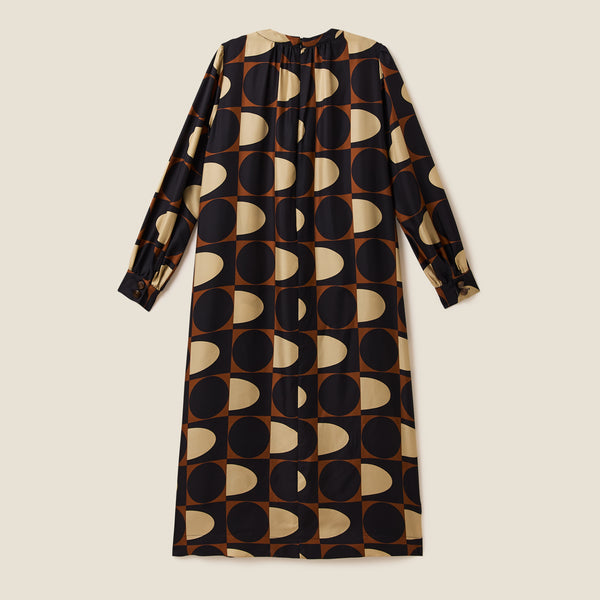 Orla Kiely Orla Long Sleeve Midi Silk Dress - Giant Spot Square Mocha