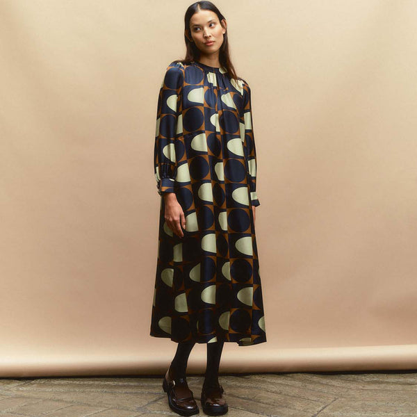 orla kiely Orla Long Sleeve Midi Silk Dress - Giant Spot Square Mocha