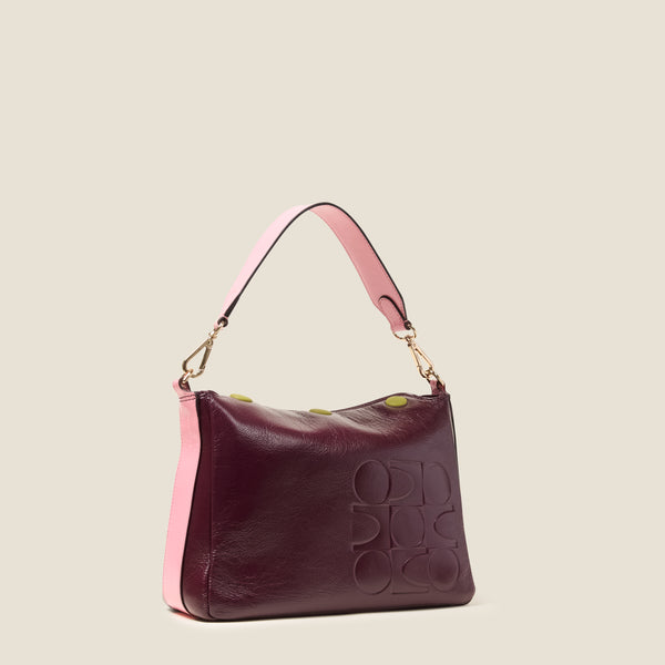 Orla Kiely Small Softie Leather Shoulder Bag - OK Colourblock Burgundy
