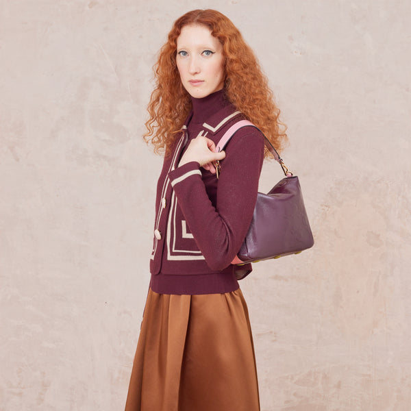 Orla Kiely Small Softie Leather Shoulder Bag - OK Colourblock Burgundy