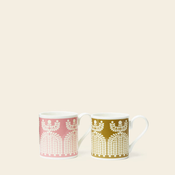 Orla Kiely Standard Mug Set Of 2 - Folk Girl Ochre/Pink