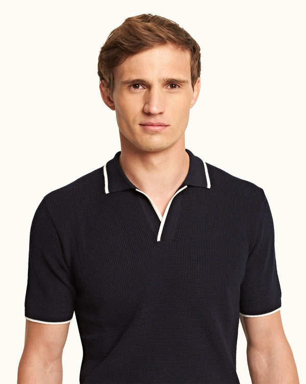 Orlebar Brown Horton - Navy Stripe Tailored Fit Resort Collar Polo Shirt | Orlebar Brown – ORLEBAR BROWN