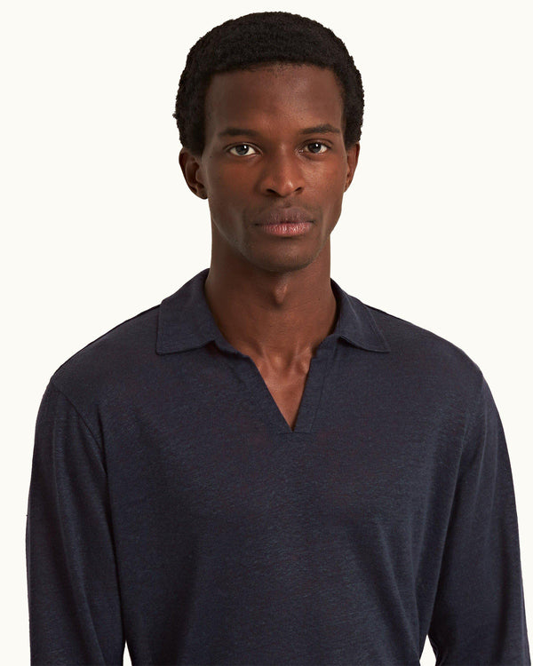 Orlebar Brown Mens Blue Long-Sleeve Linen Polo | Designer Polo Shirts | Orlebar Brown – ORLEBAR BROWN