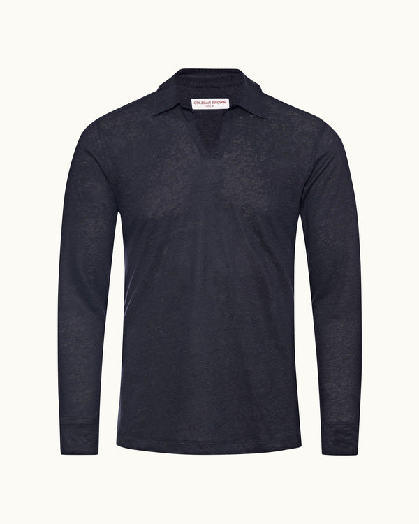 orlebar brown Mens Blue Long-Sleeve Linen Polo | Designer Polo Shirts | Orlebar Brown – ORLEBAR BROWN