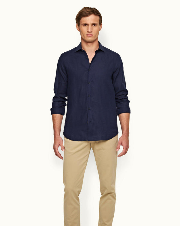 Orlebar Brown Navy Cutaway Collar Tailored Fit Linen Shirt | Orlebar Brown – ORLEBAR BROWN