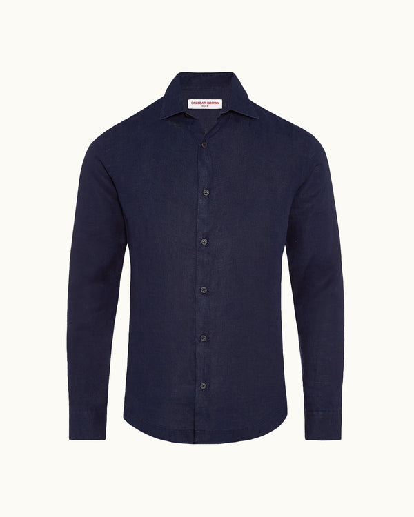 orlebar brown Navy Cutaway Collar Tailored Fit Linen Shirt | Orlebar Brown – ORLEBAR BROWN