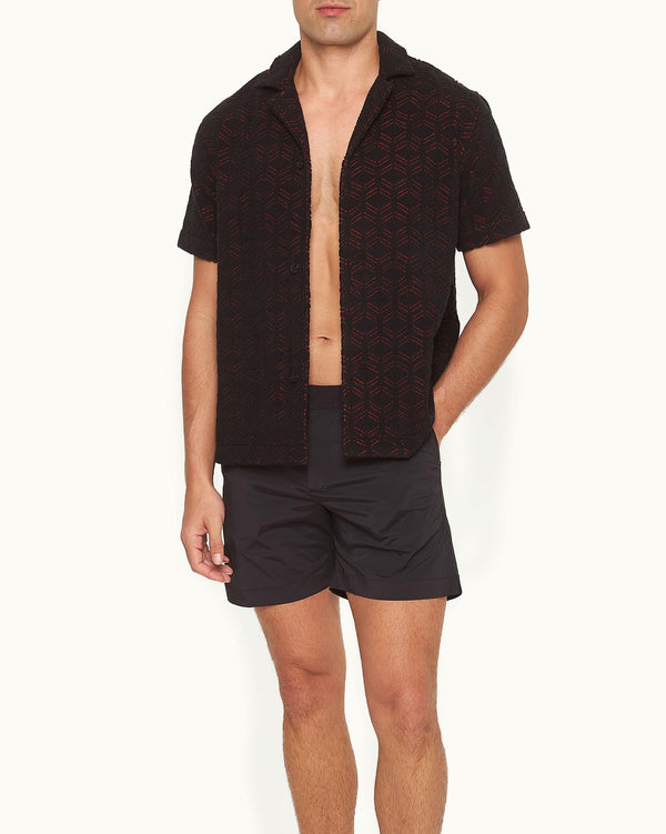Orlebar Brown Orlebar Brown And Automobili Lamborghini | Black And Red Hexagon Jacquard Relaxed Fit Capri Collar Cotton Shirt – ORLEBAR BROWN