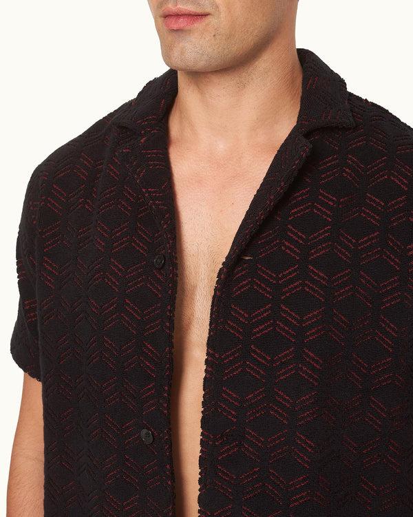 Orlebar Brown Orlebar Brown And Automobili Lamborghini | Black And Red Hexagon Jacquard Relaxed Fit Capri Collar Cotton Shirt – ORLEBAR BROWN