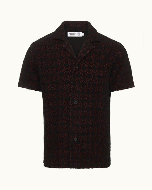 orlebar brown Orlebar Brown And Automobili Lamborghini | Black And Red Hexagon Jacquard Relaxed Fit Capri Collar Cotton Shirt – ORLEBAR BROWN